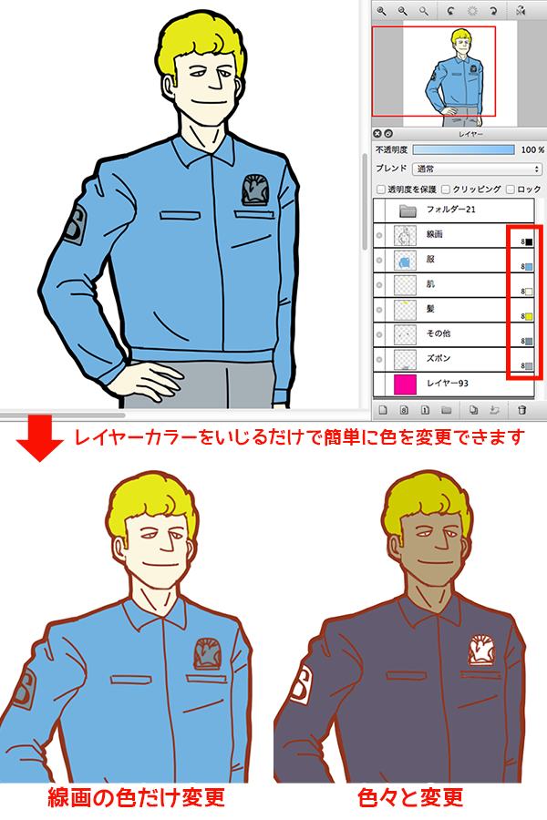 図：線画の色など簡単に変更できます