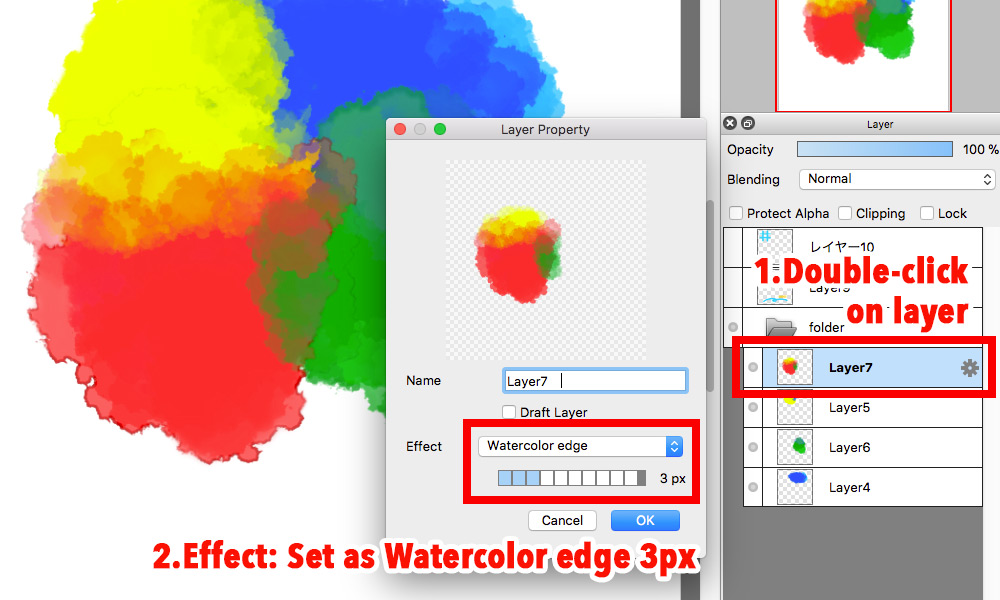 Diagram:Double -click on layer to set Watercolor edge