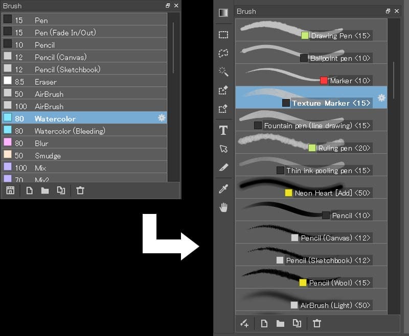 Brush list with identifiable brush type at a glance.