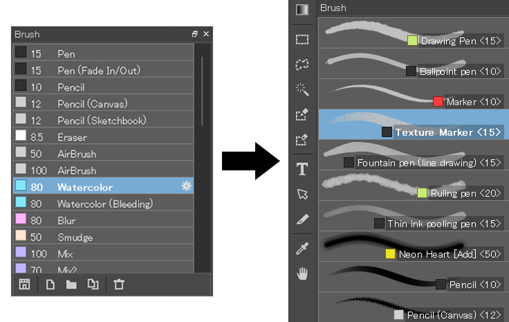 Brush list with identifiable brush type at a glance